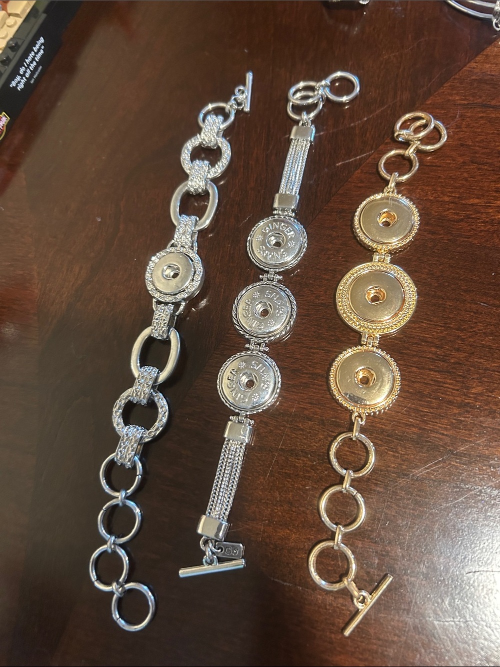 Set of Three ginger snap Charm Bracelets - Silver & Gold Tones